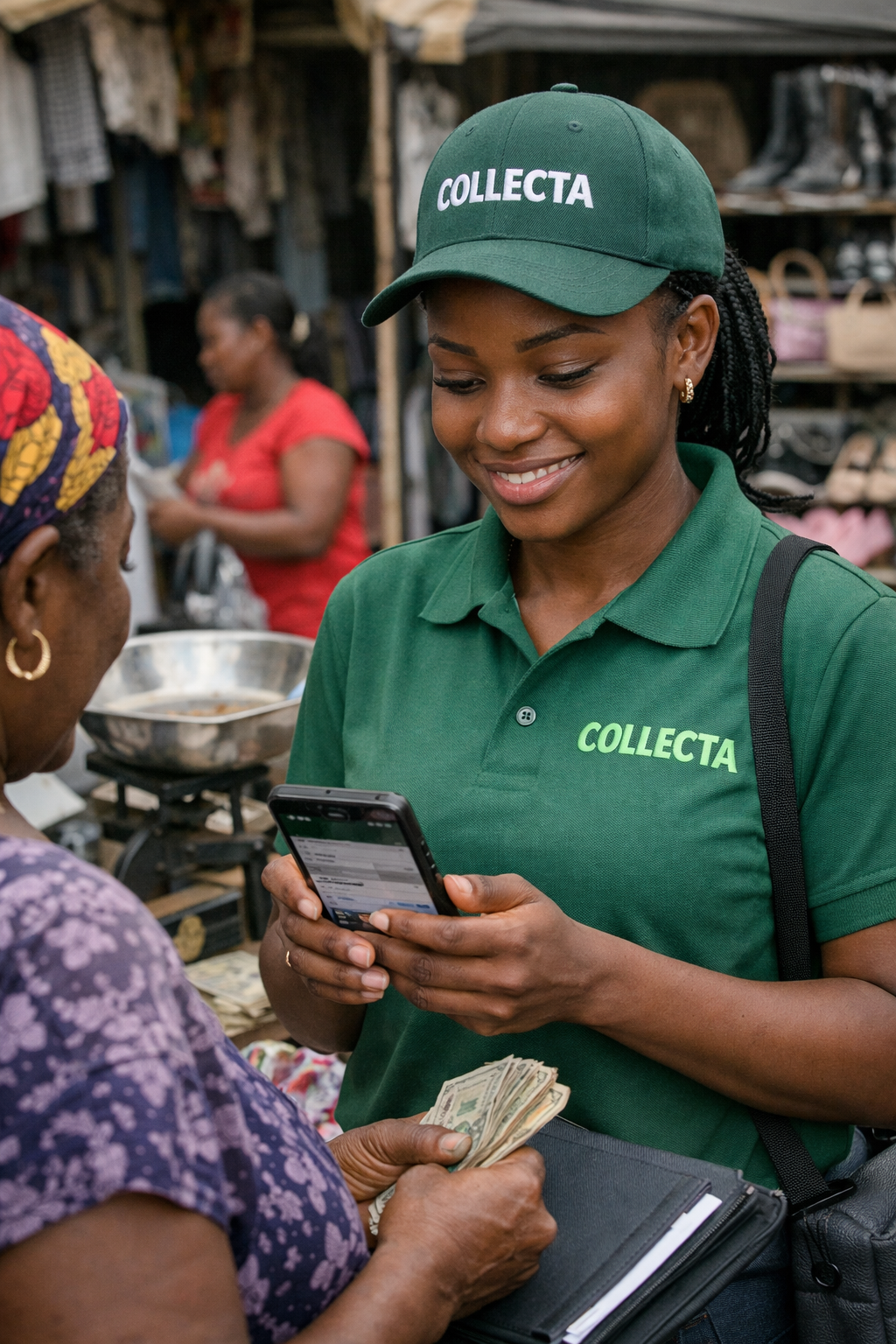 Collectrice Collecta avec téléphone en main dans un marché