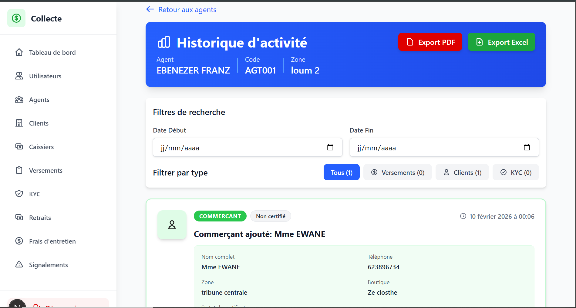 Historique d'activité d'un agent Collecta